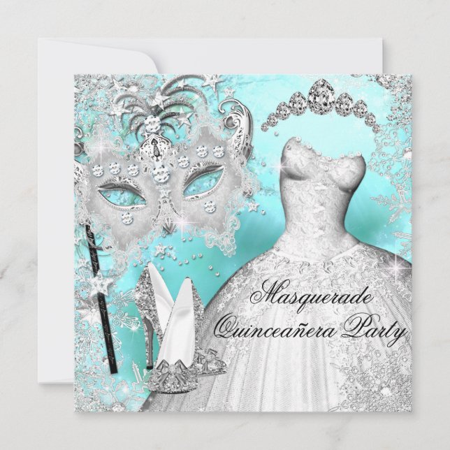 Teal & Silver Princess Quinceanera Masquerade Invitation (Front)