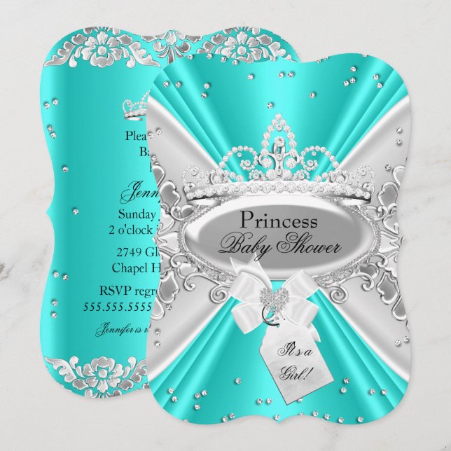 Teal Silver Princess Tiara Baby Shower Invite (Front/Back)