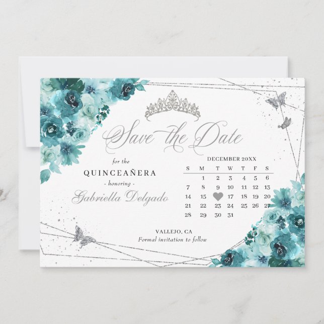 Teal & Silver Quinceañera Save The Date Invitation (Front)