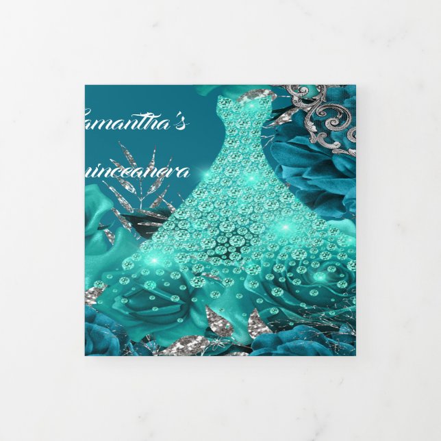 Teal silver rose womans PHOTO floral birthday  Tri-Fold Invitation (Cover)