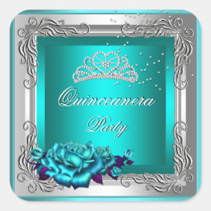 Teal Silver Roses Quinceanera 15th Birthday Square Sticker