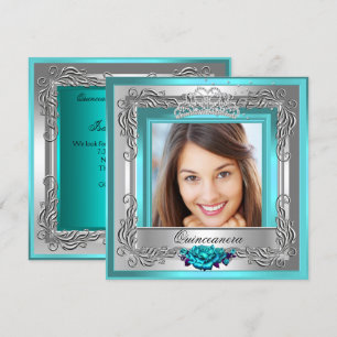 Teal Silver Roses Quinceanera 15th Photo Invitation