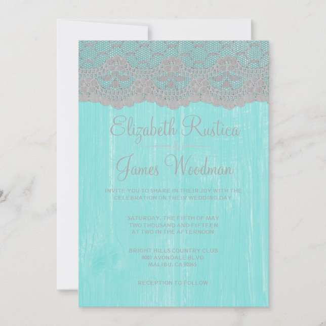 Teal & Silver Rustic Lace Wood Wedding Invitations (Front)