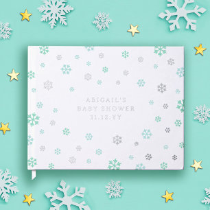 Teal Silver Snowflakes Winter Neutral Baby Shower Guest Book