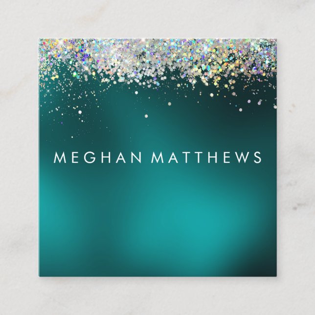 Teal Silver Sparkle Beauty Stylist Makeup Artist  Square Business Card (Front)