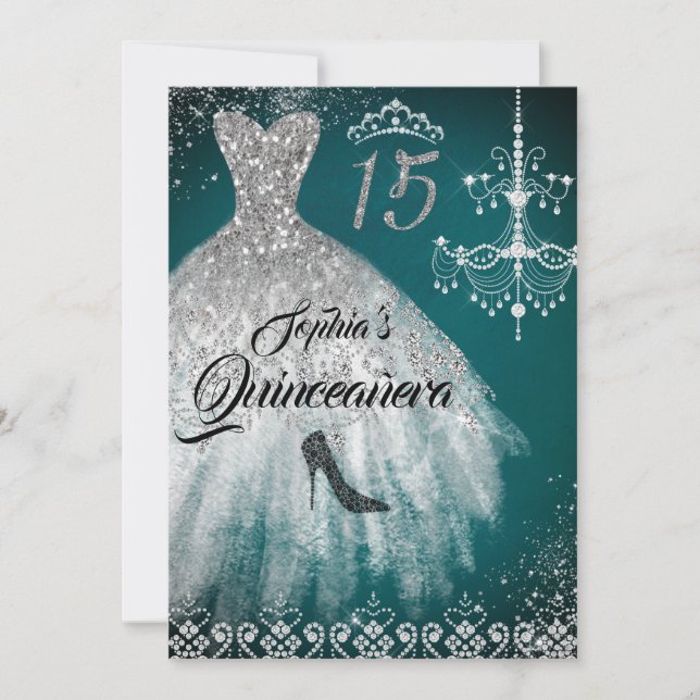 Teal Silver Sparkle Diamond Dress Quinceanera Invitation (Front)