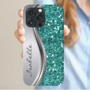 Teal Silver Sparkle Glam Bling Personalised Metal Galaxy S4 Case