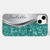 Teal Silver Sparkle Glam Bling Personalised Metal Case-Mate iPhone Case (Back (Horizontal))