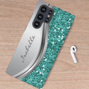 Teal Silver Sparkle Glam Bling Personalised Metal  Samsung Galaxy Case