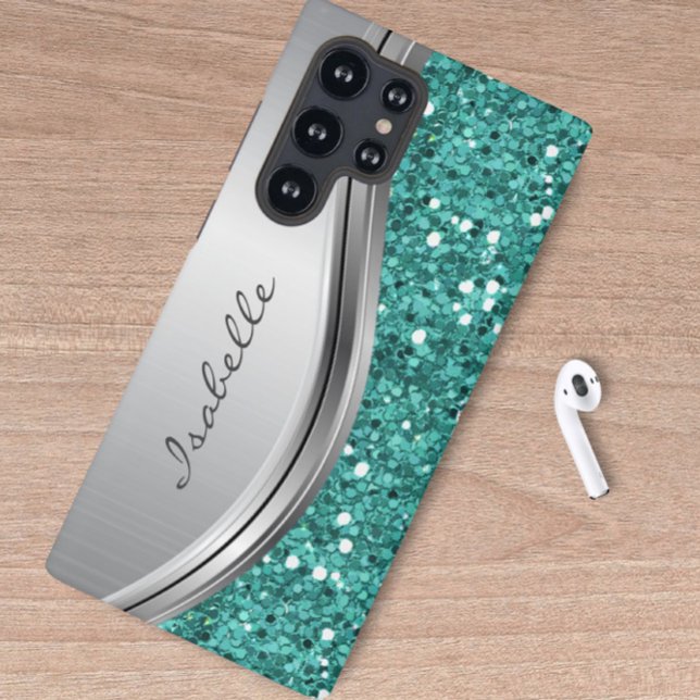 Teal Silver Sparkle Glam Bling Personalised Metal  Samsung Galaxy S22 Ultra Case (Creator Uploaded)