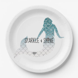 Teal Silver Sparkle Glitter Mermaid Paper Plate