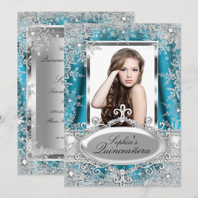 Teal Silver Sparkle Jewel Snowflake Quinceanera Invitation (Front/Back)