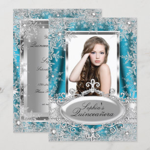 Teal Silver Sparkle Jewel Snowflake Quinceanera Invitation