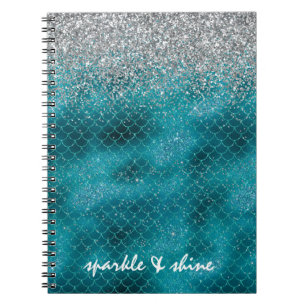 Teal Silver Sparkle Mermaid personalised Notebook