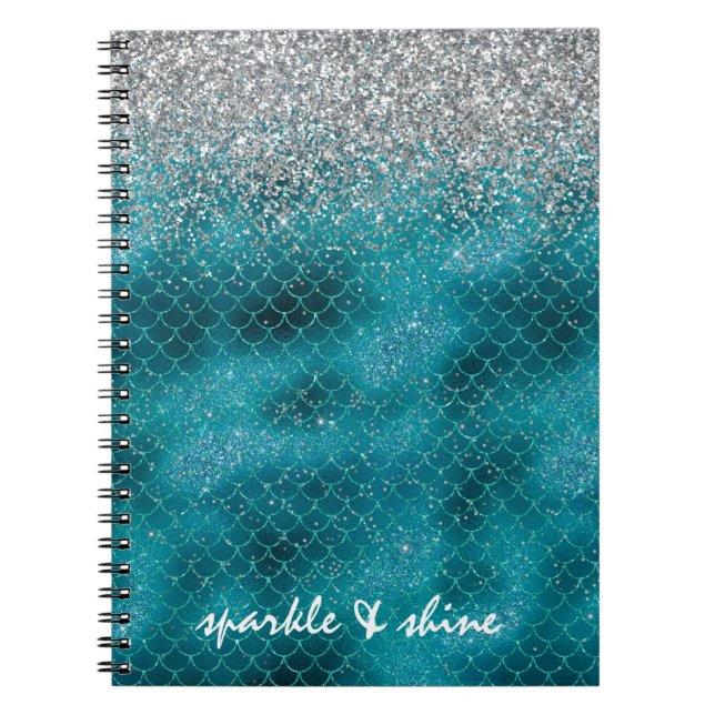 Teal Silver Sparkle Mermaid personalised Notebook (Front)