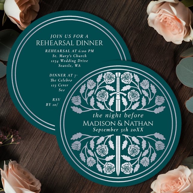 Teal Silver Sword Royal Wedding Rehearsal Invitation (Creator Uploaded)