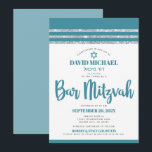 Teal Silver Tallit Bar Mitzvah Bold Simple Modern Invitation<br><div class="desc">Be proud, rejoice and showcase this milestone of your favourite Bar Mitzvah! Send out this cool, unique, modern, personalised invitation for an event to remember. Bold, dusty teal blue script typography, Star of David and a dusty teal blue and silver glitter striped tallit inspired graphic overlay a simple, white background....</div>
