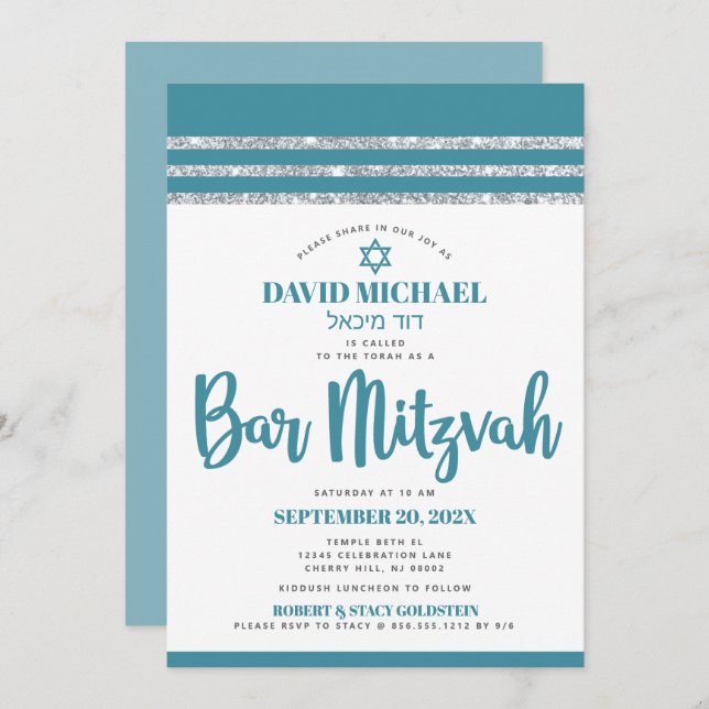 Teal Silver Tallit Bar Mitzvah Bold Simple Modern Invitation (Front/Back)