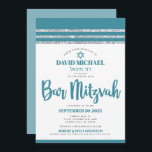 Teal Silver Tallit Bar Mitzvah Bold Simple Modern Invitation<br><div class="desc">Be proud, rejoice and showcase this milestone of your favourite Bar Mitzvah! Send out this cool, unique, modern, personalised invitation for an event to remember. Bold, dusty teal blue script typography, Star of David and a dusty teal blue and silver glitter striped tallit inspired graphic overlay a simple, white background....</div>