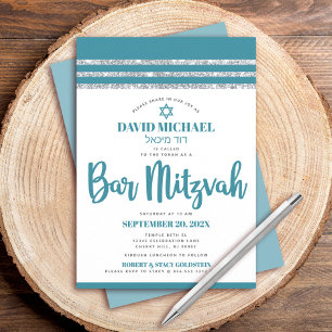 Teal Silver Tallit Bar Mitzvah Hebrew Name Modern Invitation