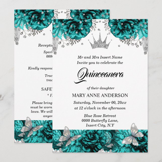 Teal silver tiara butterfly blue rose quinceanera invitation (Front/Back)