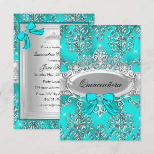 Teal Silver Tiara Damask Quinceanera Invite