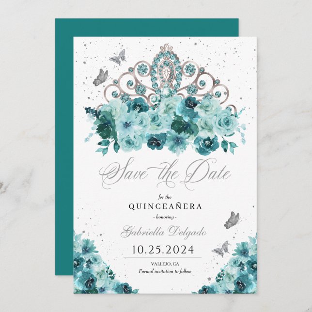 Teal & Silver Tiara Save The Date Quinceañera Invitation (Front/Back)