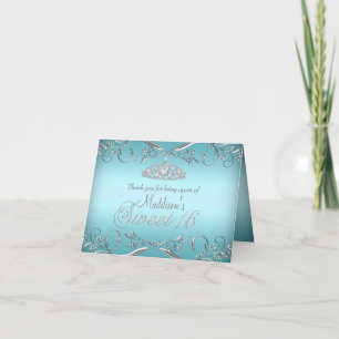 Teal & Silver Tiara Sweet 16 Thank You Card