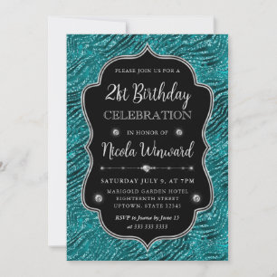 Teal Silver Tiger Stripes Glitter Frame Birthday Invitation