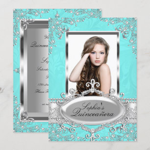 Teal Silver Vintage Glamour Photo Quinceanera Invitation