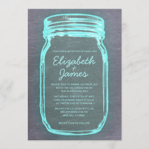 Teal Silver Vintage Mason Jar Wedding Invitations