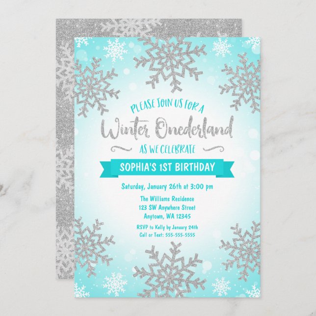 Teal Silver Winter ONEderland 1st Birthday Invitation (Front/Back)