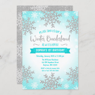 Teal Silver Winter ONEderland 1st Birthday Invitation