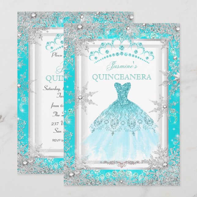 Teal Silver Winter Wonderland Quinceanera Party Invitation (Front/Back)