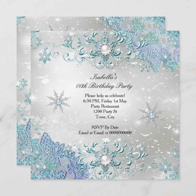 Teal Silver Winter Wonderland Snowflakes Party Invitation (Front/Back)