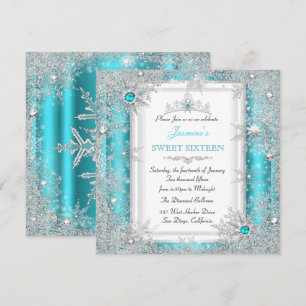 Teal Silver Winter Wonderland Sweet 16 Snowflake Invitation