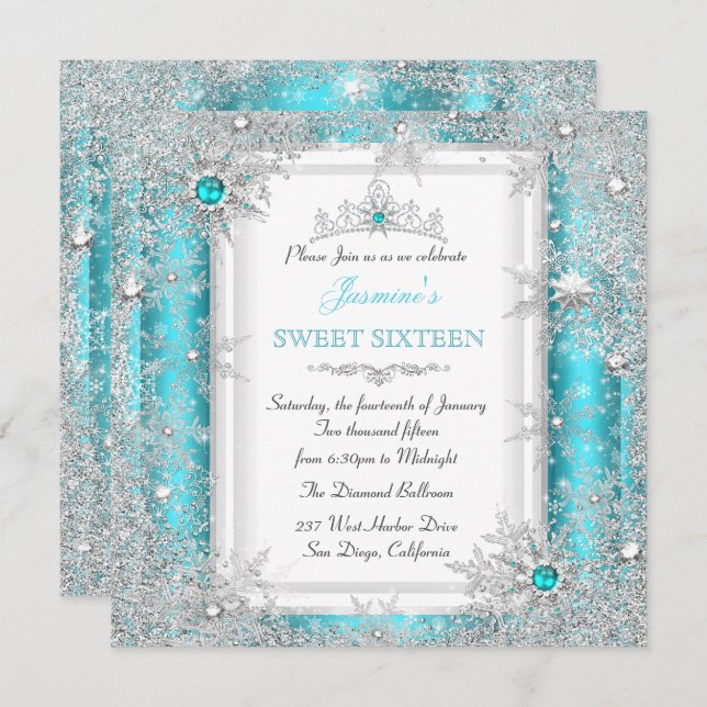 Teal Silver Winter Wonderland Sweet 16 Snowflake Invitation (Front/Back)