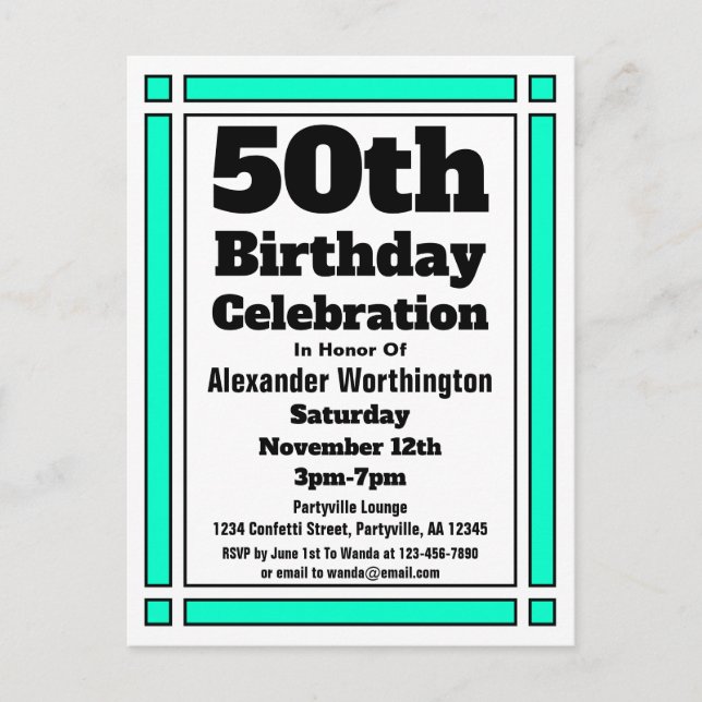 Teal Simple 50th Birthday Invitation Postcard (Front)