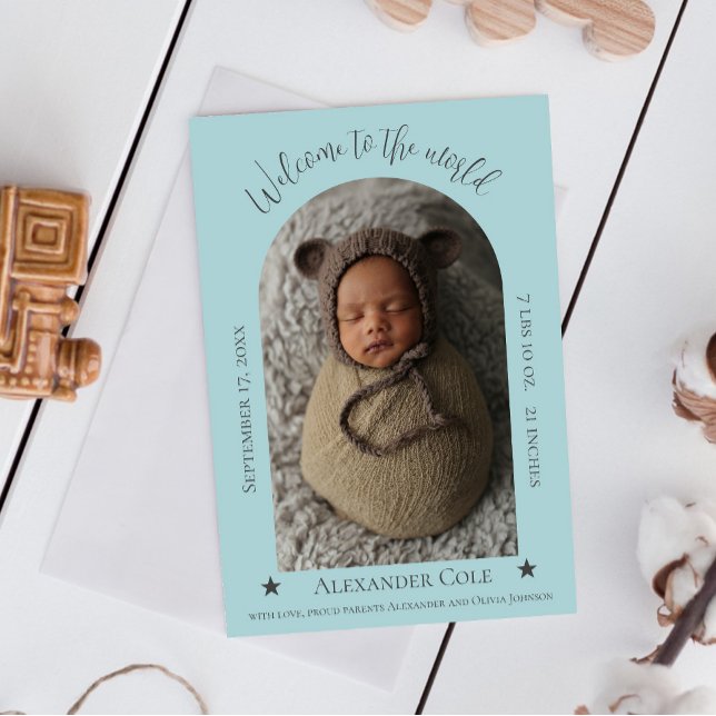 Teal Simple Arch Frame Photo Birth Announcement (Teal Simple Arch Frame Photo Birth Announcement)