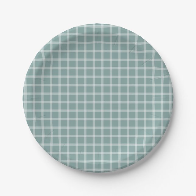 Teal Simple Gingham Gender Neutral Baby Shower Paper Plate (Front)