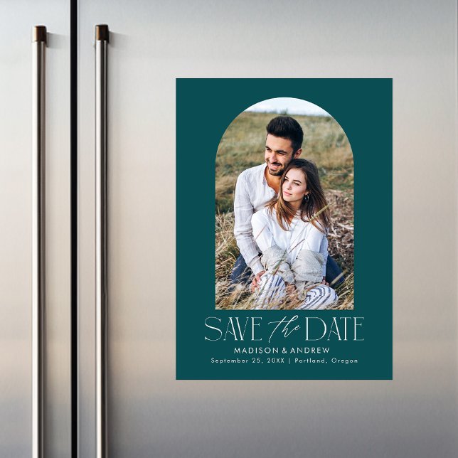 Teal | Simple Modern Arch Photo Save the Date Magnetic Invitation (Creator Uploaded)