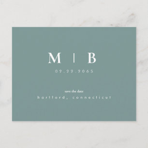 Teal Simple & Sleek Monogram Teal Save the Date Announcement Postcard