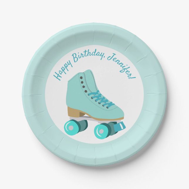 Teal Skate Graphic Roller Skating Themed Party Paper Plate (Front)