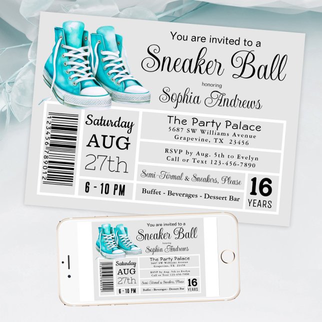 Teal Sneaker Ball Birthday Party Shoe Label Invitation (Teal sneaker ball invitation shoe label style. Available for instant download and print.)