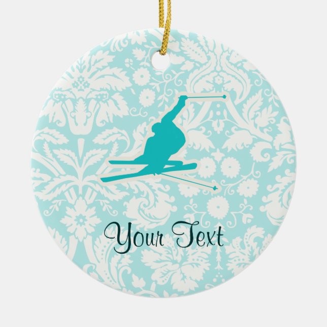 Teal Snow Skiing Ceramic Tree Decoration (Front)