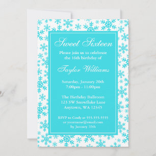 Teal Snowflake Border Winter Wonderland Sweet 16 Invitation