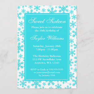 Teal Snowflake Border Winter Wonderland Sweet 16 Invitation
