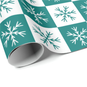 Teal Snowflake Chequered Pattern Christmas Holiday Wrapping Paper