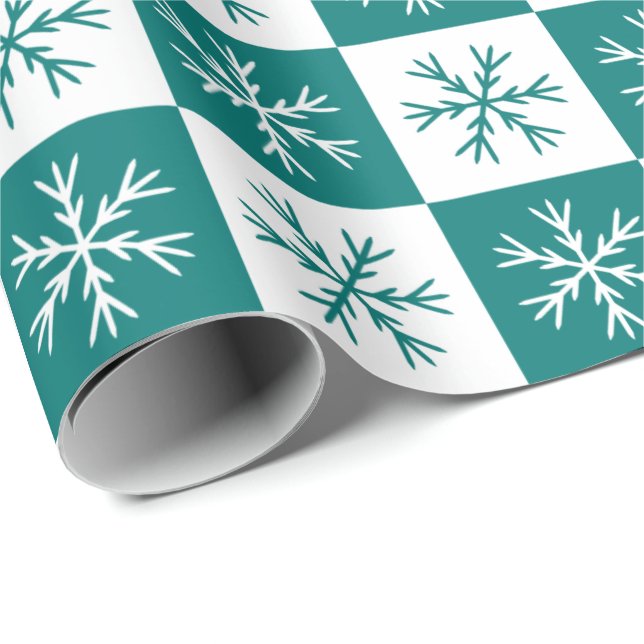 Teal Snowflake Chequered Pattern Christmas Holiday Wrapping Paper (Roll Corner)