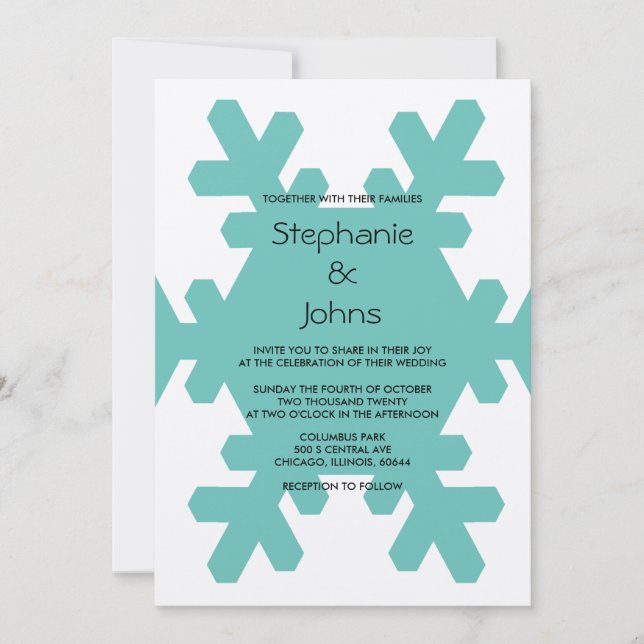 Teal Snowflake Elegant Grey Silver Winter Wedding Invitation (Front)